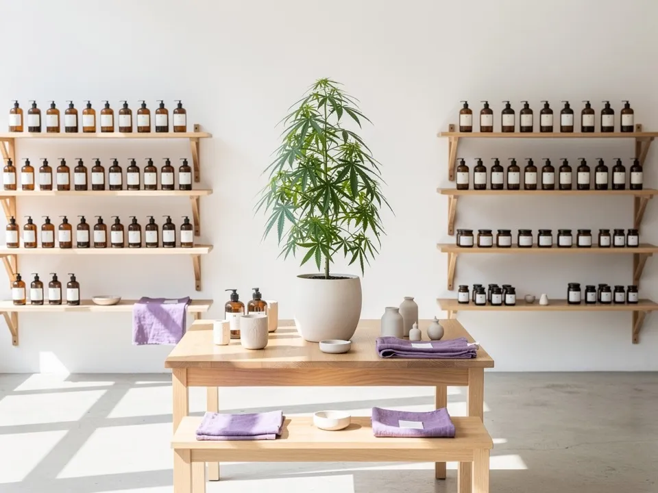 Ladenregal mit CBD-Produkten, Symbolbild für CBD-Shops in Augsburg